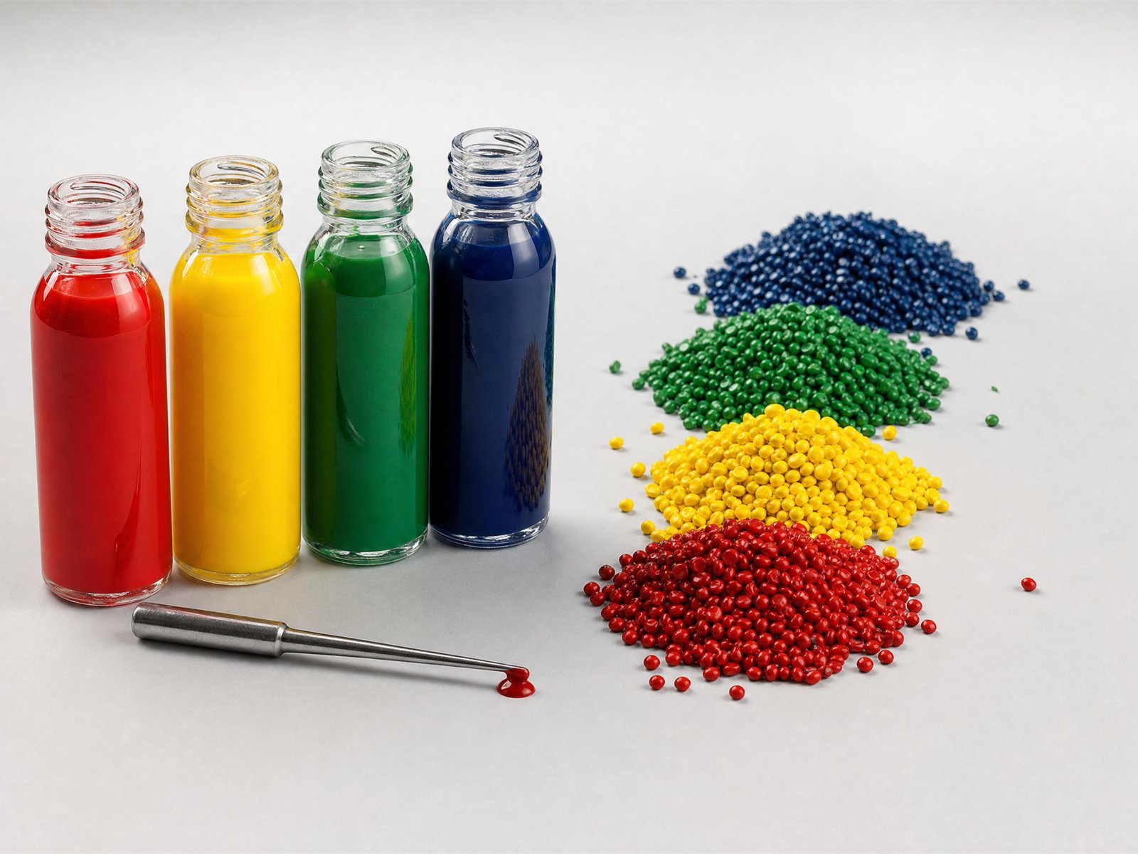 Cuatro frascos de pigmento líquido Deltaliquid junto a cuatro montones de pellets encapsulados Deltabatch de los mismos colores