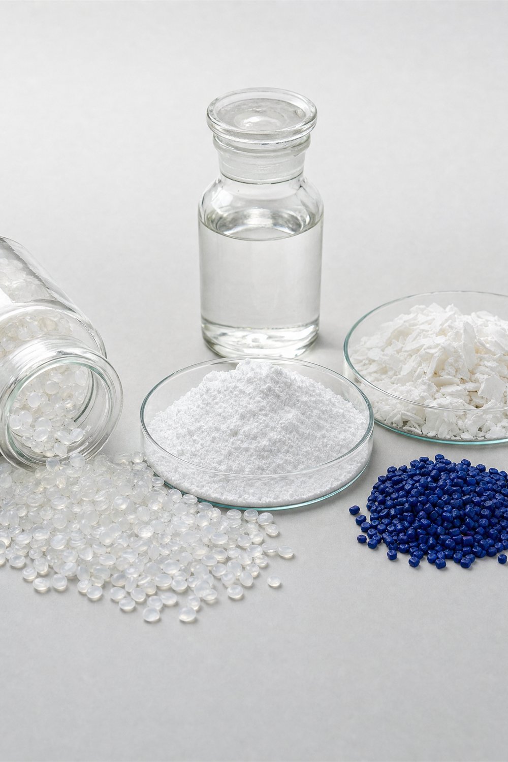 Functional additives: translucent pellets, white powder and flakes, clear liquid and blue pellets