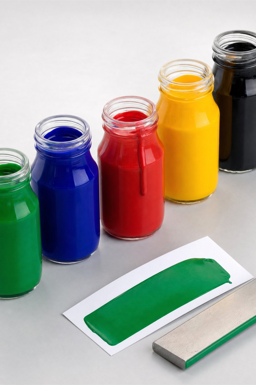 Frascos de dispersiones de pigmento de cinco colores y una aplicación uniforme en verde sobre cartulina