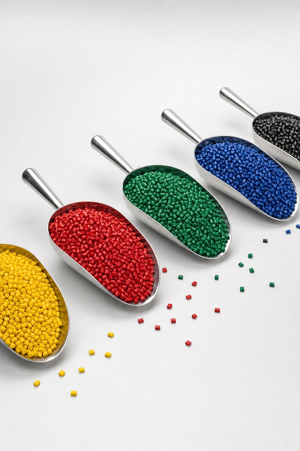 Cinco cucharas de laboratorio con pellets de masterbatch amarillo, rojo, verde, azul y negro
