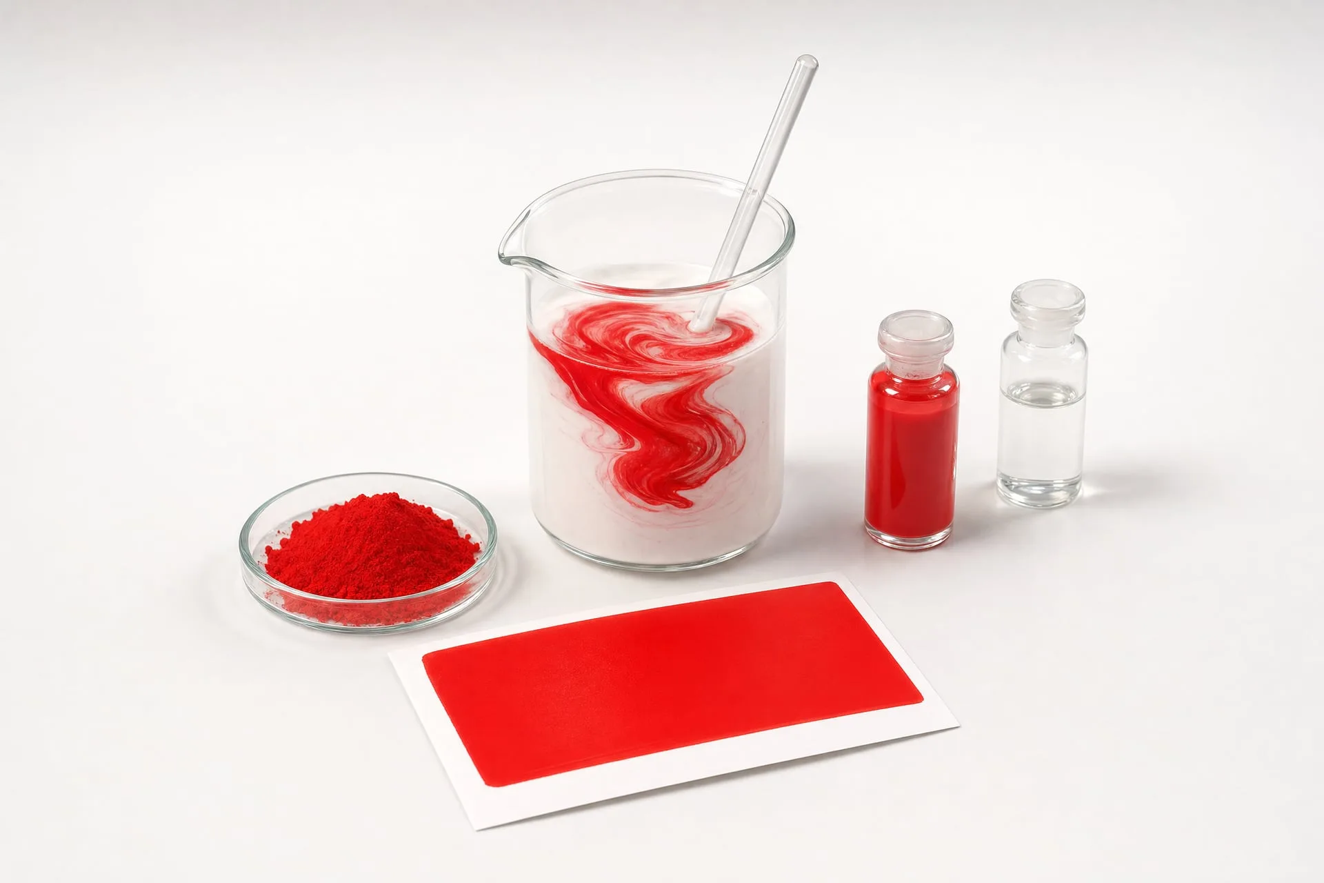 Pigmento rojo en polvo, dispersión y aditivo entrando a una base de pintura blanca